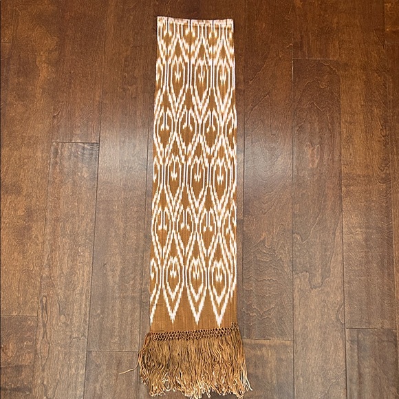 Chic Handmade Tan and Pink Ikat Patterned Scarf with Fringed Ends From Ecuador - Picture 2 of 11
